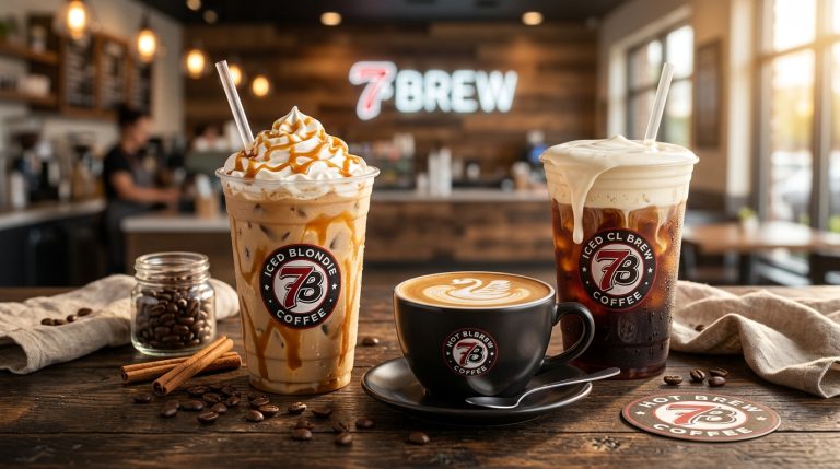 7 Brew Coffee Menu Drinks - Iced Blondie, Hot Latte, and Cold Brew