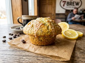 7 Brew Lemon Poppy Seed Muffin Top with sweet citrus glaze and poppy seeds