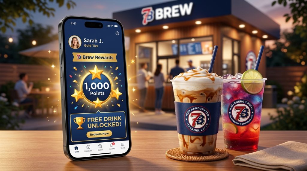7 Brew Rewards: 100 points per drink, 7 Brew Coffee app, and birthday drink guide