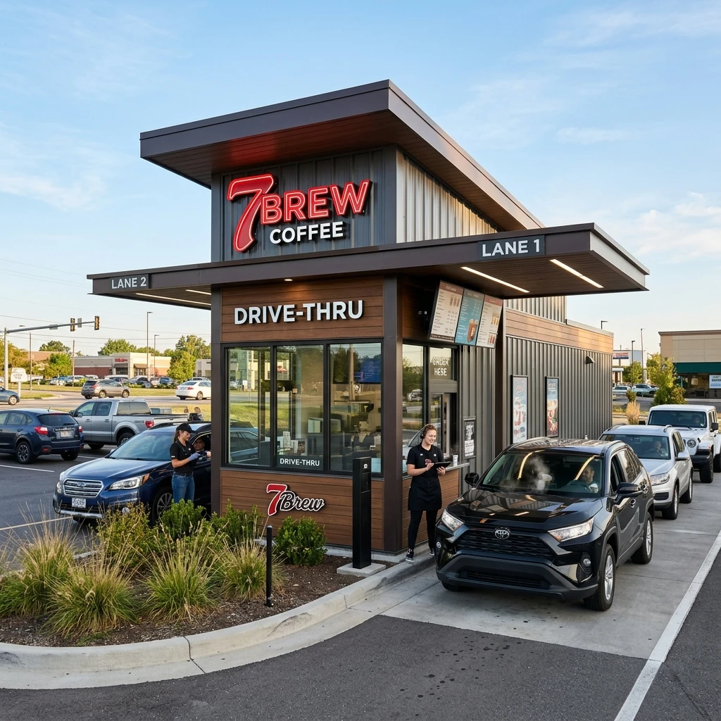 7 Brew Coffee Drive-Thru Stand with Dual Ordering Lanes and Brewistas
