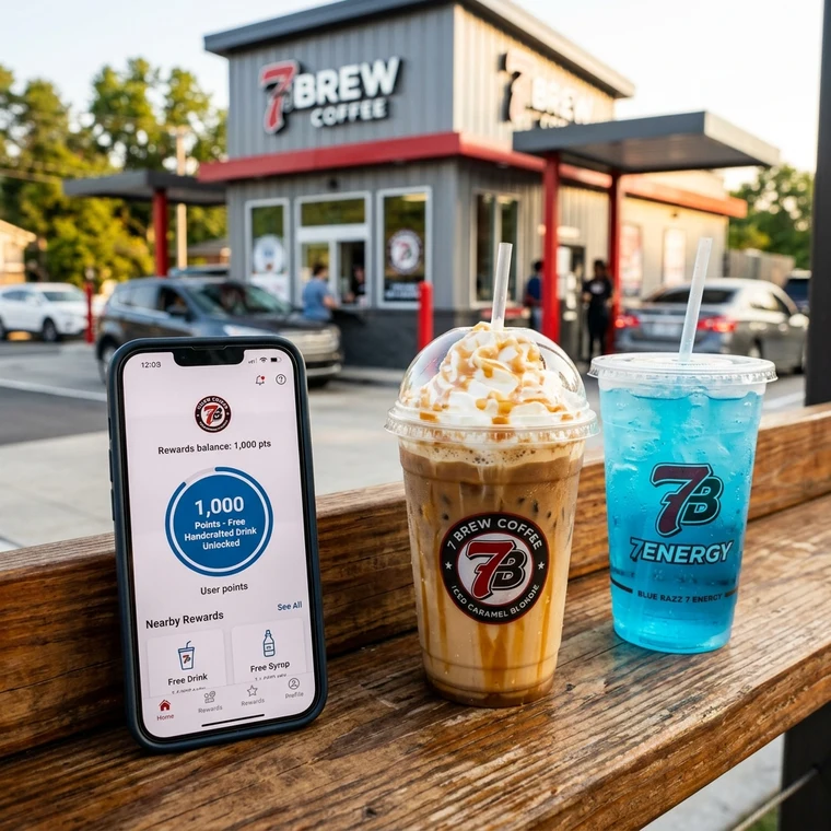 7 Brew Rewards App on smartphone with iced drinks and drive-thru stand